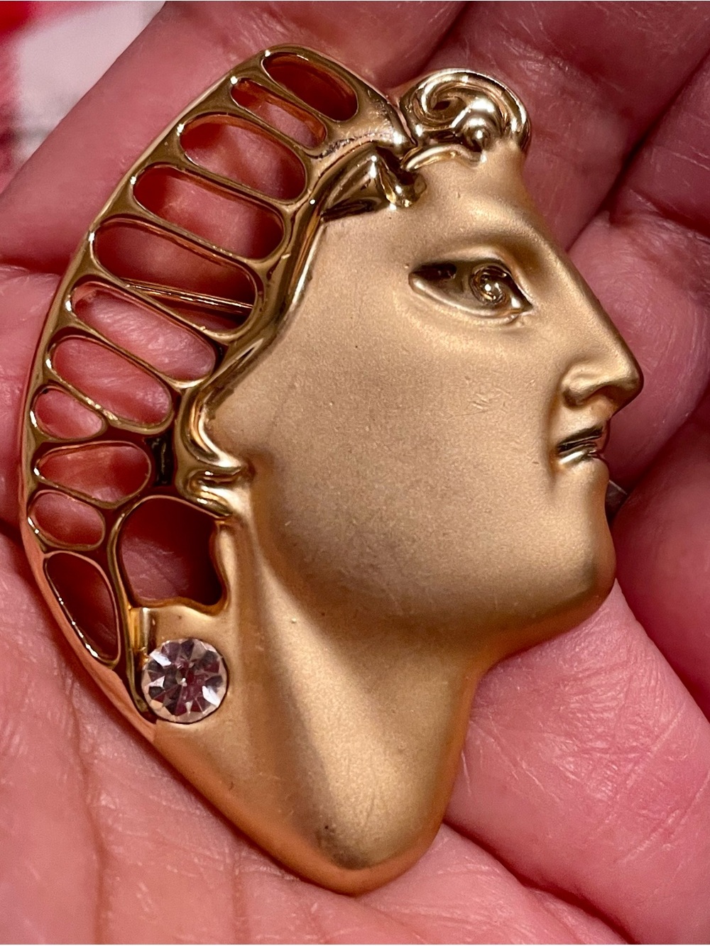Gold-Tone Profile Brooch with Crystal Accent - Women Jewelry
